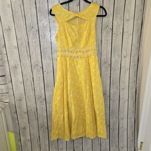 eShakti Yellow Dandelion Print Boho Midi Dress Pom Pom Cutout Size 8